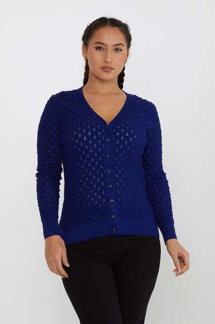 Women's Knitted Cardigan Self-Patterned Glittery Saxe - 30036 | KAZEE - Thumbnail