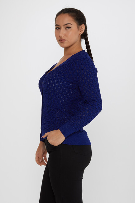 Women's Knitted Cardigan Self-Patterned Glittery Saxe - 30036 | KAZEE - Thumbnail