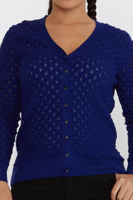 Women's Knitted Cardigan Self-Patterned Glittery Saxe - 30036 | KAZEE - Thumbnail