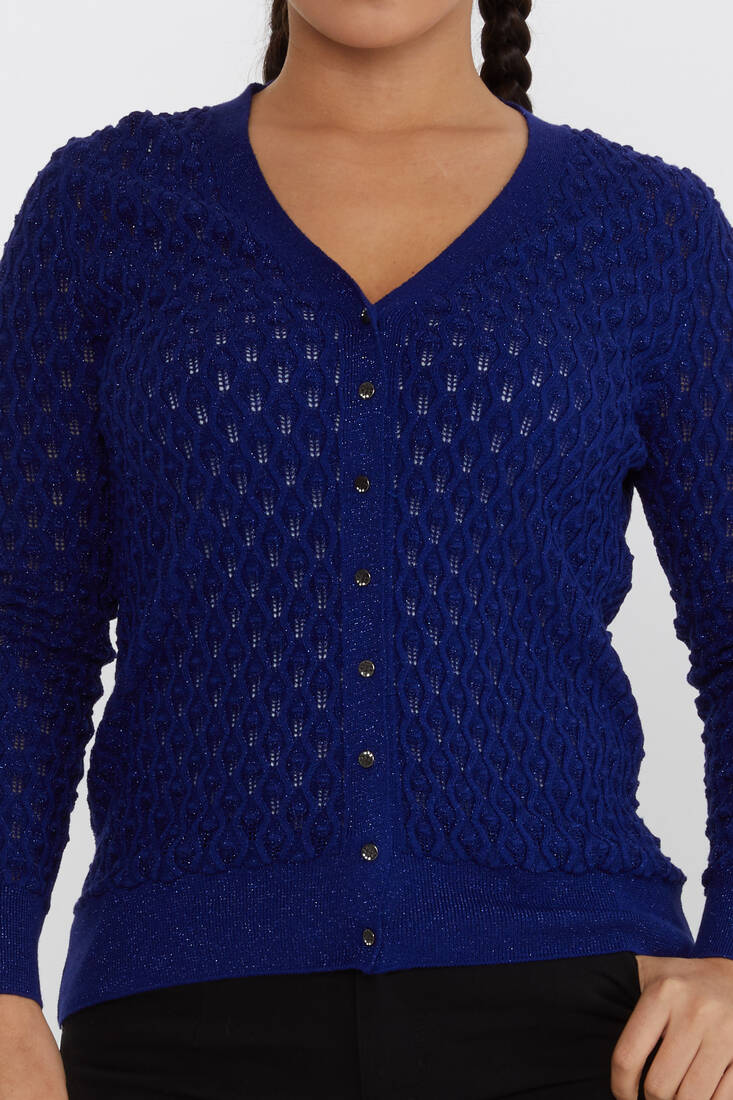 Women's Knitted Cardigan Self-Patterned Glittery Saxe - 30036 | KAZEE