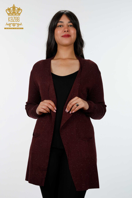 Women's Knitwear Cardigan Glitter Toggle Plum - 15196 | KAZEE - Thumbnail