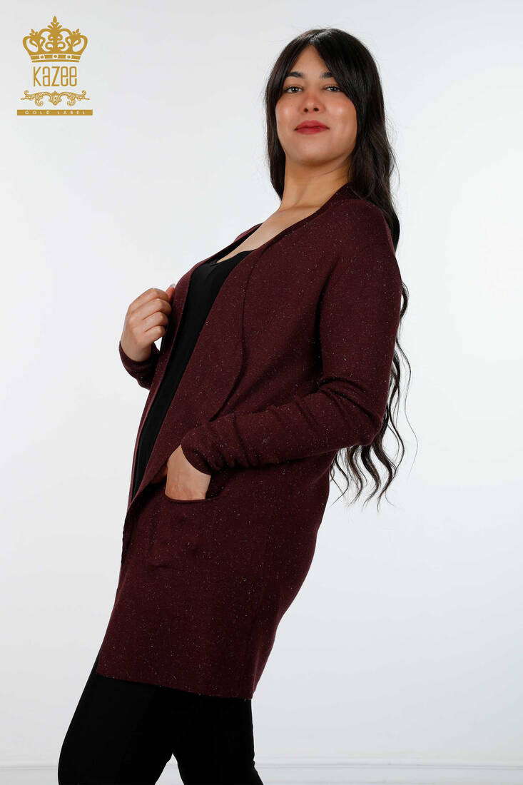 Women's Knitwear Cardigan Glitter Toggle Plum - 15196 | KAZEE