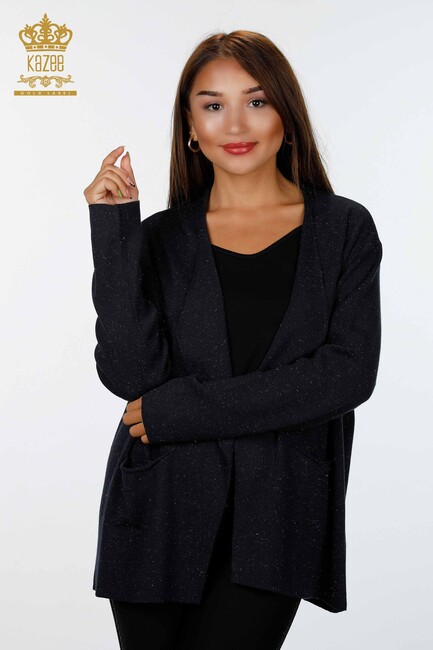 Women's Knitwear Cardigan Glitter Transition Long Pocket Anthracite - 16807 | KAZEE - Thumbnail