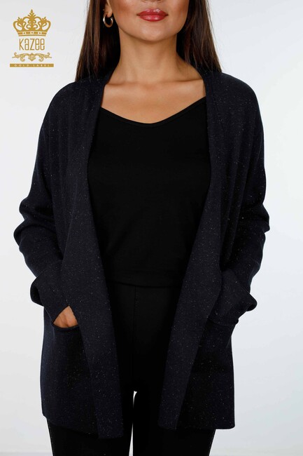 Women's Knitwear Cardigan Glitter Transition Long Pocket Anthracite - 16807 | KAZEE - Thumbnail