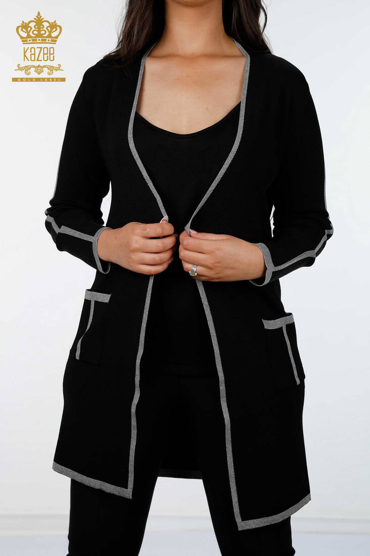 Womens Knitwear Cardigan Sleeves Black Gray with Side Stripes - 14269 | KAZEE