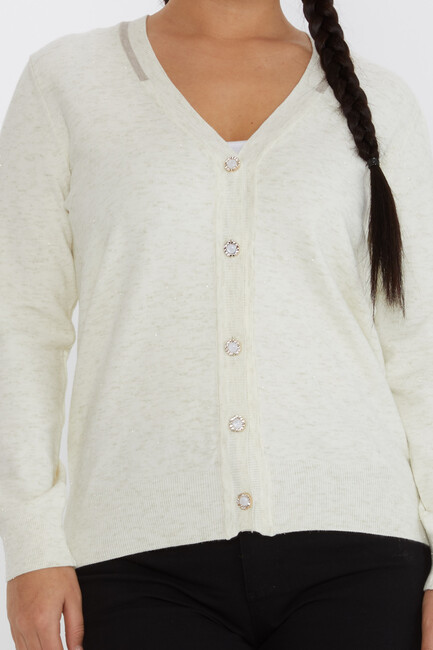 Women's Knitted Cardigan Glitter Detail Buttoned Ecru - 31055 | KAZEE - Thumbnail