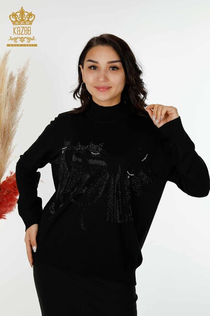 Women's Knitwear Cat Patterned Black - 16969 | KAZEE - Thumbnail