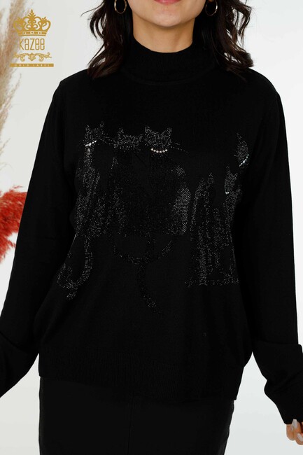 Women's Knitwear Cat Patterned Black - 16969 | KAZEE - Thumbnail