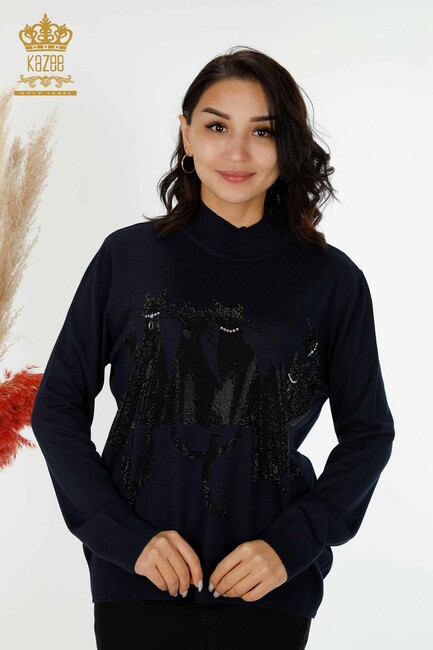 Women's Knitwear Cat Patterned Navy - 16969 | KAZEE - Thumbnail