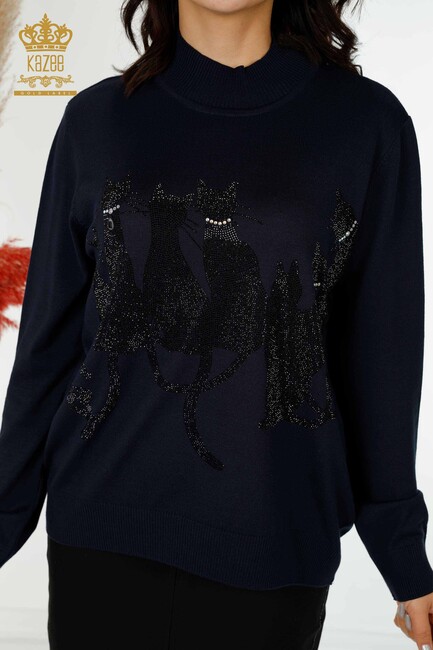 Women's Knitwear Cat Patterned Navy - 16969 | KAZEE - Thumbnail