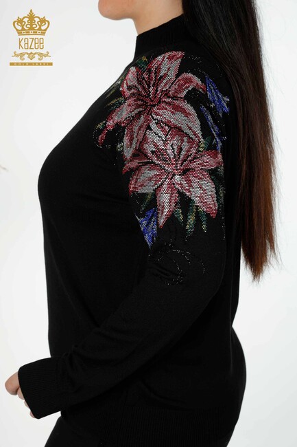 Women's Knitwear Colored Stone Embroidered Black - 30007 | KAZEE - Thumbnail