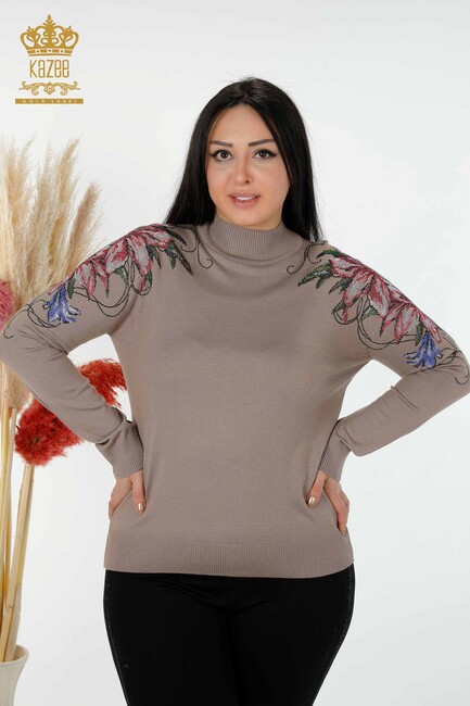 Women's Knitwear Colored Stone Embroidered Mink - 30007 | KAZEE - Thumbnail