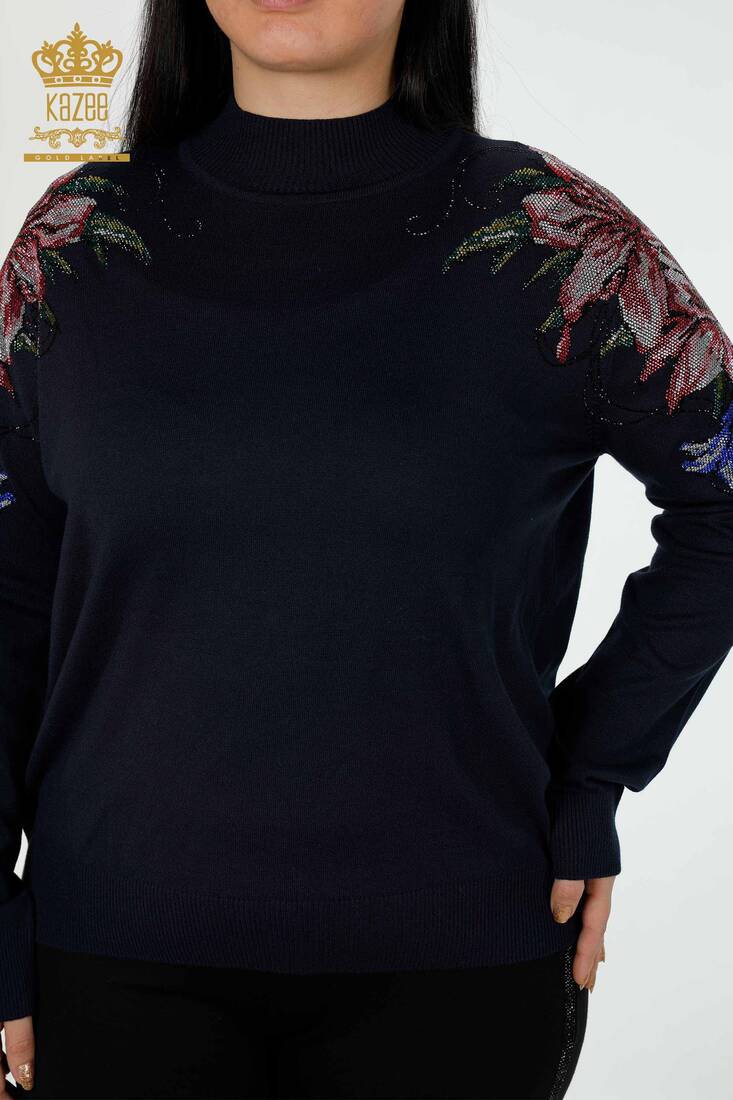 Women's Knitwear Colored Stone Embroidered Navy Blue - 30007 | KAZEE