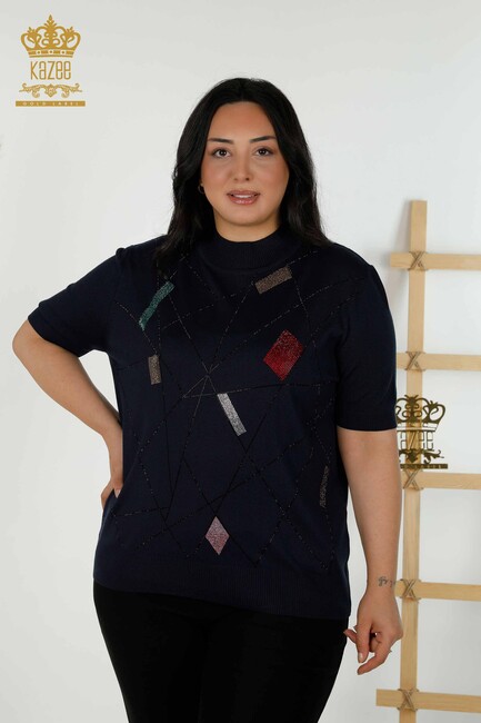 Women's Knitwear Colored Stone Embroidered Navy Blue - 30078 | KAZEE - Thumbnail