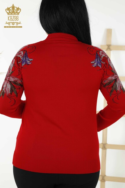 Women's Knitwear Colored Stone Embroidered Red - 30007 | KAZEE - Thumbnail