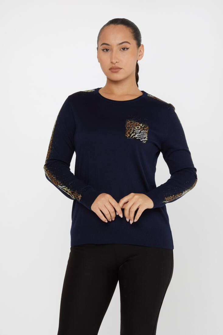 Women's Knitwear Crew Neck Stoned Navy Blue - 31547 | KAZEE