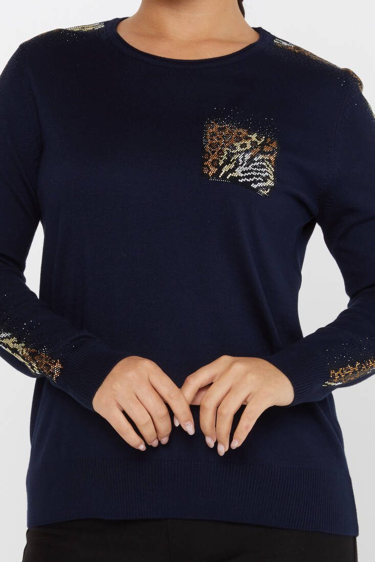 Women's Knitwear Crew Neck Stoned Navy Blue - 31547 | KAZEE