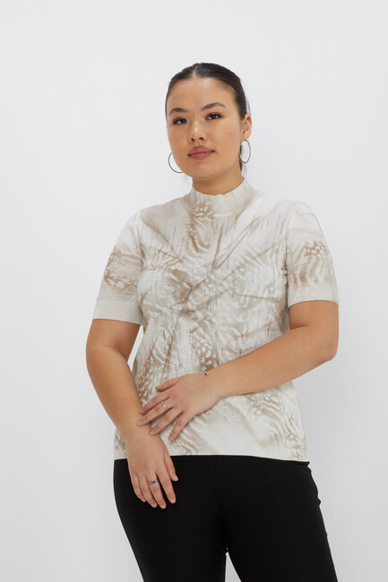 Women's Knitwear Stone Detailed Patterned Ecru-Beige - 31235 | KAZEE - Thumbnail