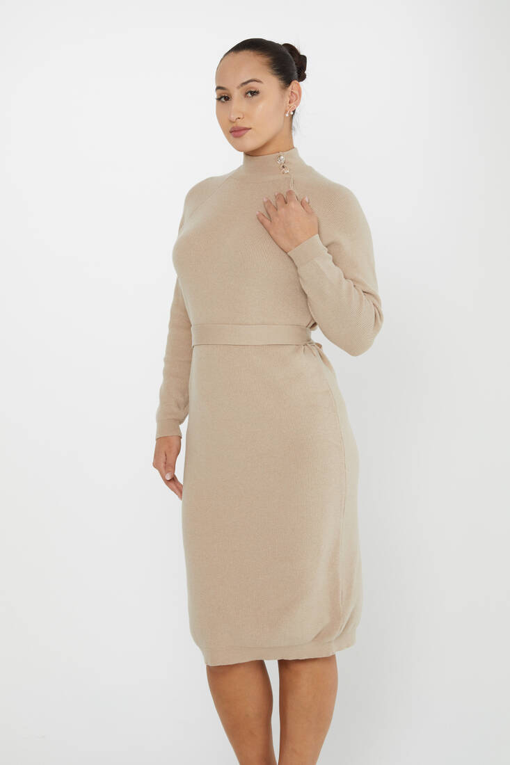 Women's Knitted Dress Button Detail Beige - 30283 | KAZEE