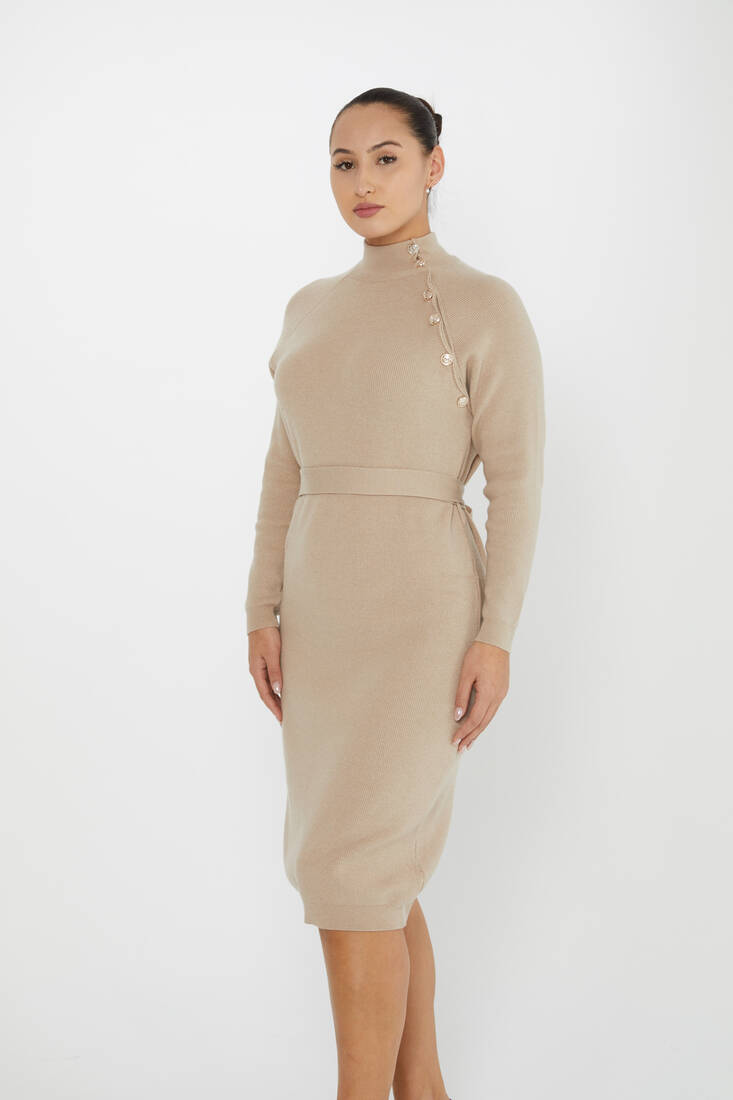 Women's Knitted Dress Button Detail Beige - 30283 | KAZEE