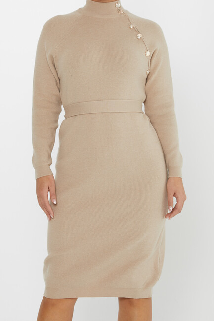 Women's Knitted Dress Button Detail Beige - 30283 | KAZEE - Thumbnail