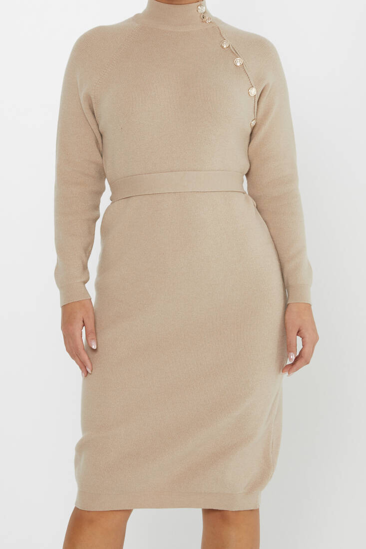 Women's Knitted Dress Button Detail Beige - 30283 | KAZEE