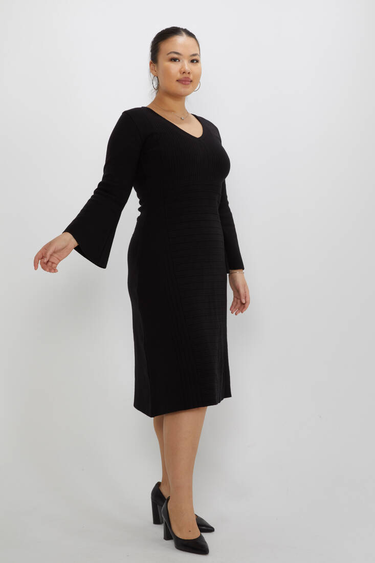 Women's Knitted Dress Self-Patterned V-Neck Black - 31311 | KAZEE