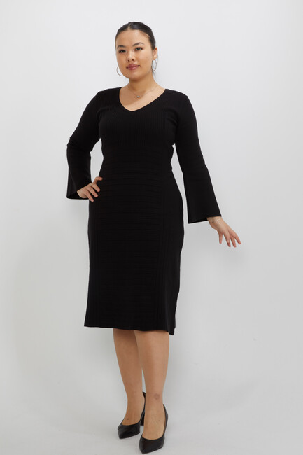 Women's Knitted Dress Self-Patterned V-Neck Black - 31311 | KAZEE - Thumbnail