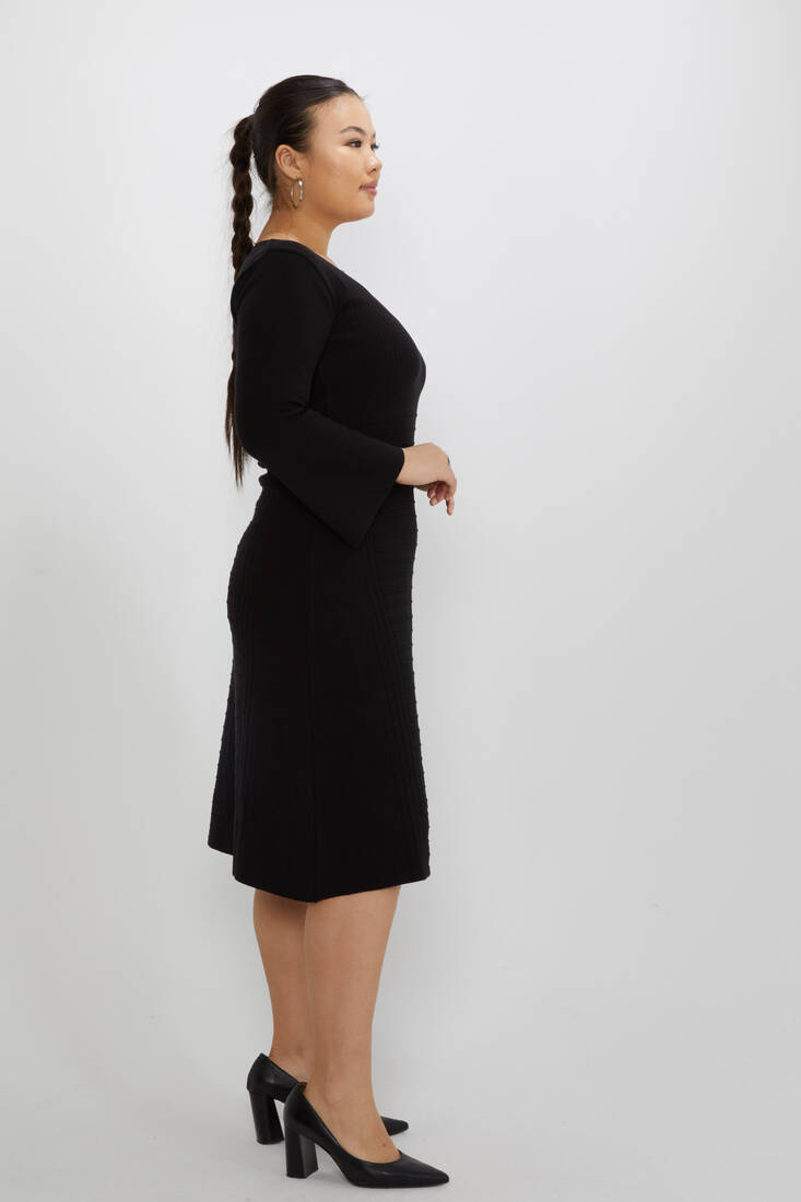 Women's Knitted Dress Self-Patterned V-Neck Black - 31311 | KAZEE