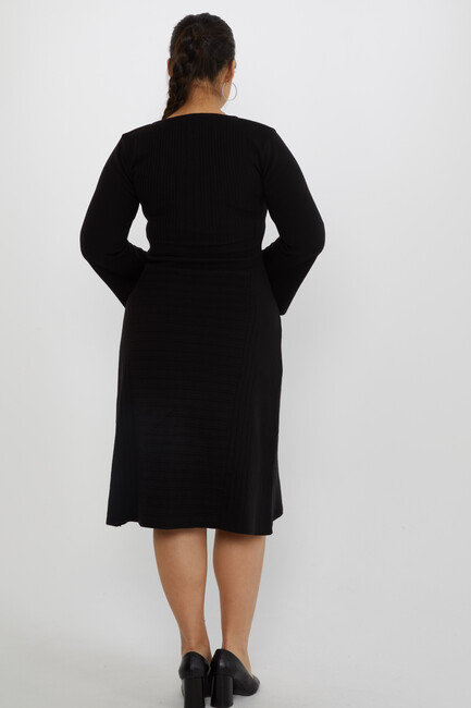 Women's Knitted Dress Self-Patterned V-Neck Black - 31311 | KAZEE - Thumbnail