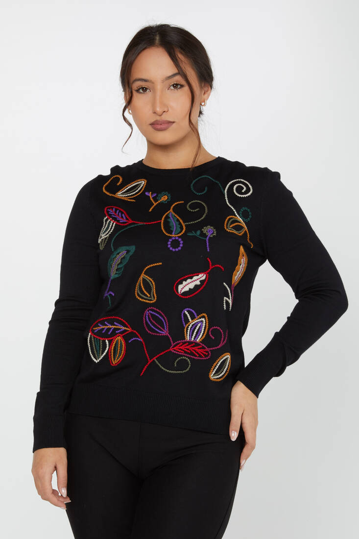 Women's Knitwear Embroidered Leaf Detail Black - 31276 | KAZEE