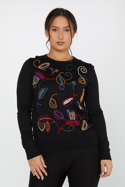 Women's Knitwear Embroidered Leaf Detail Black - 31276 | KAZEE - Thumbnail