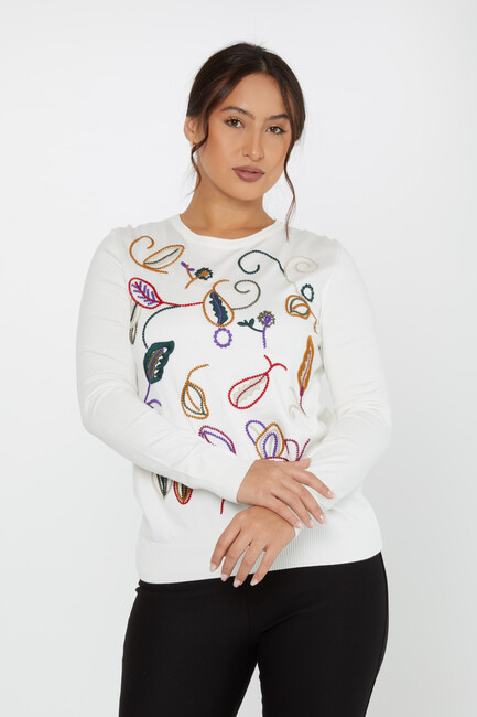 Women's Knitwear Embroidered Leaf Detail Ecru - 31276 | KAZEE - Thumbnail