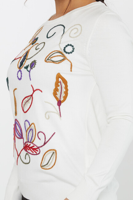 Women's Knitwear Embroidered Leaf Detail Ecru - 31276 | KAZEE - Thumbnail