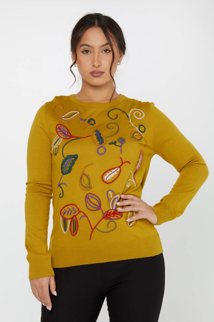 Women's Knitwear Embroidered Leaf Detail Mustard - 31276 | KAZEE