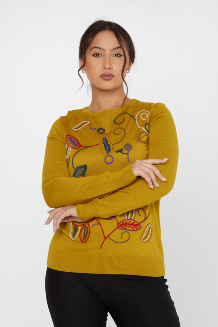 Women's Knitwear Embroidered Leaf Detail Mustard - 31276 | KAZEE - Thumbnail