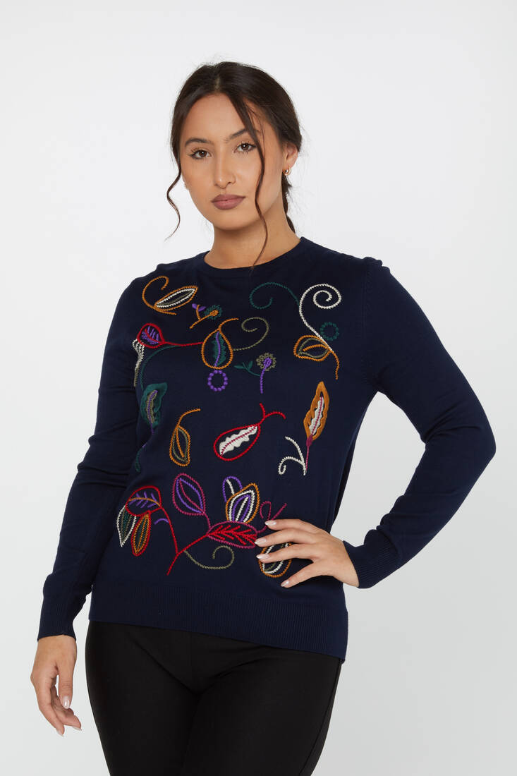 Women's Knitwear Embroidered Leaf Detail Navy Blue - 31276 | KAZEE