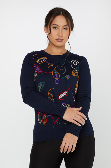 Women's Knitwear Embroidered Leaf Detail Navy Blue - 31276 | KAZEE - Thumbnail