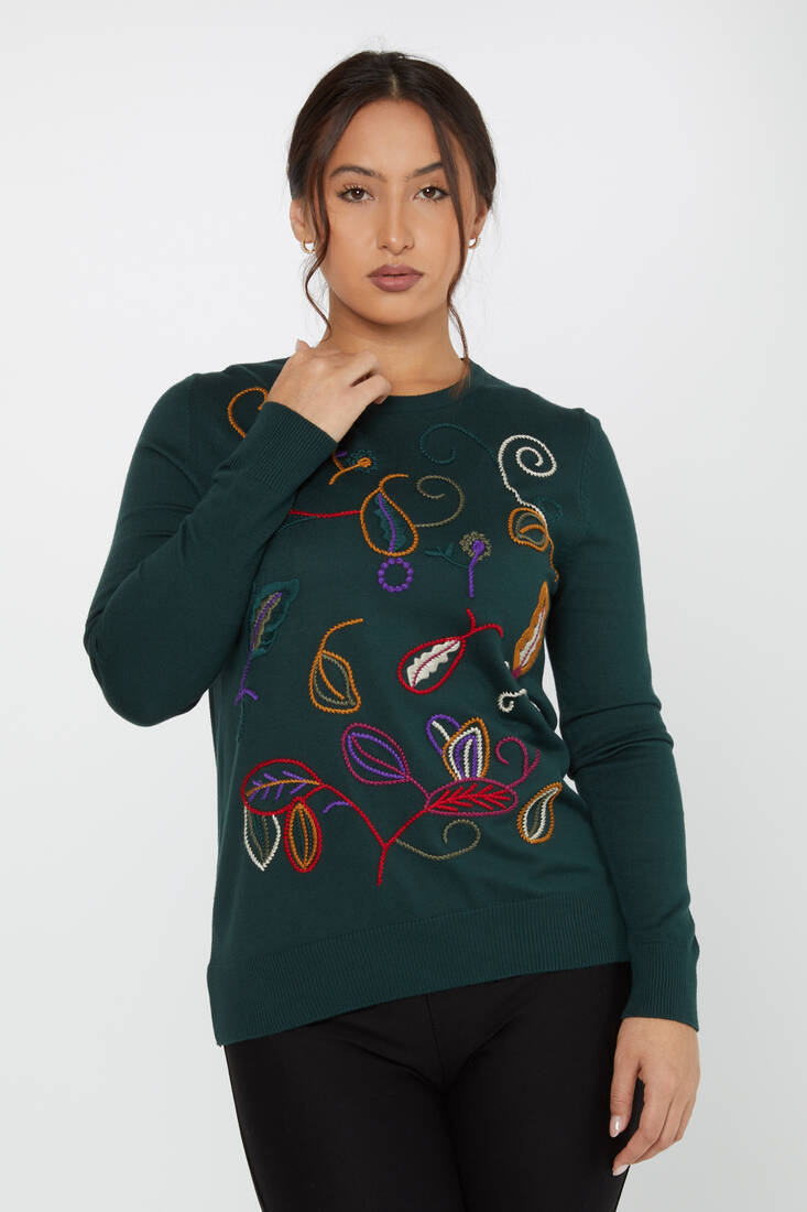 Women's Knitwear Embroidered Leaf Detailed Olive - 31276 | KAZEE