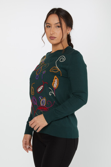 Women's Knitwear Embroidered Leaf Detailed Olive - 31276 | KAZEE - Thumbnail