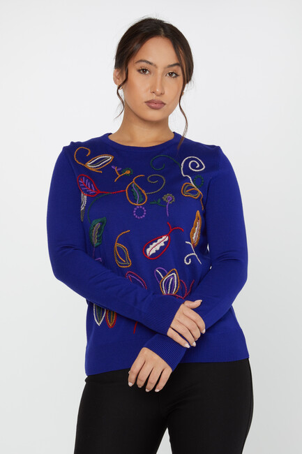 Women's Knitwear Embroidered Leaf Detailed Saxe - 31276 | KAZEE - Thumbnail