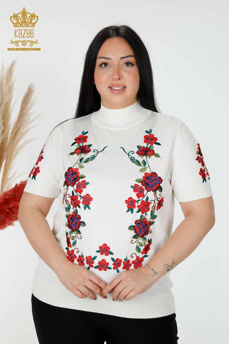 Women's Knitwear Floral Embroidered Ecru - 15876 | KAZEE