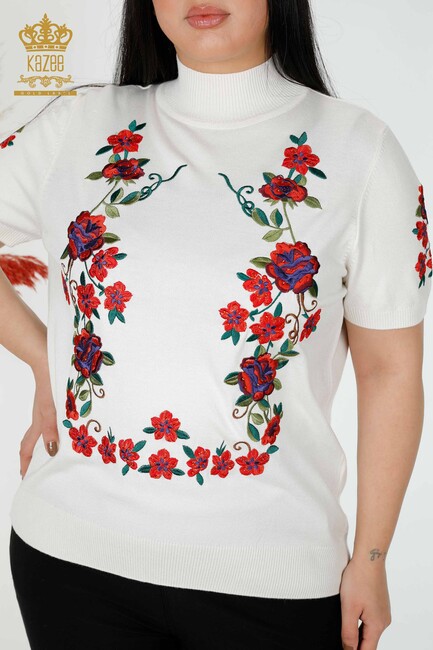 Women's Knitwear Floral Embroidered Ecru - 15876 | KAZEE - Thumbnail