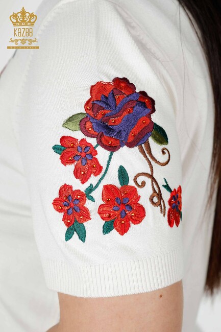 Women's Knitwear Floral Embroidered Ecru - 15876 | KAZEE - Thumbnail