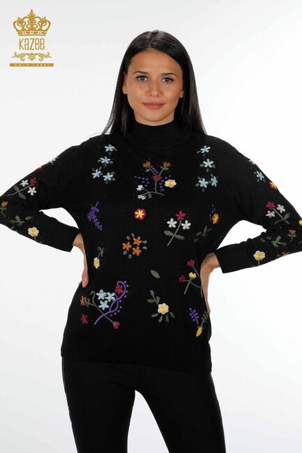 Women's Knitwear Black With Flower Embroidery - 16445 | KAZEE - Thumbnail