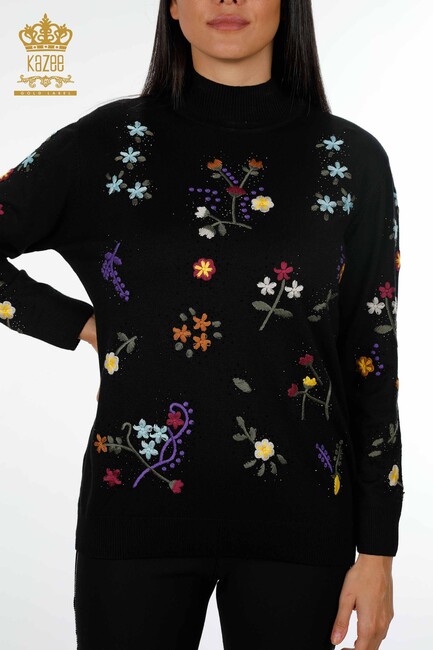 Women's Knitwear Black With Flower Embroidery - 16445 | KAZEE - Thumbnail