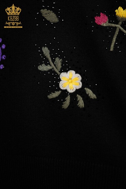 Women's Knitwear Black With Flower Embroidery - 16445 | KAZEE - Thumbnail