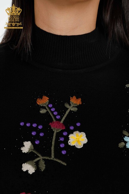 Women's Knitwear Black With Flower Embroidery - 16445 | KAZEE - Thumbnail