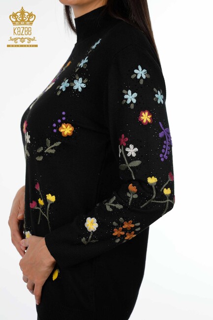 Women's Knitwear Black With Flower Embroidery - 16445 | KAZEE - Thumbnail