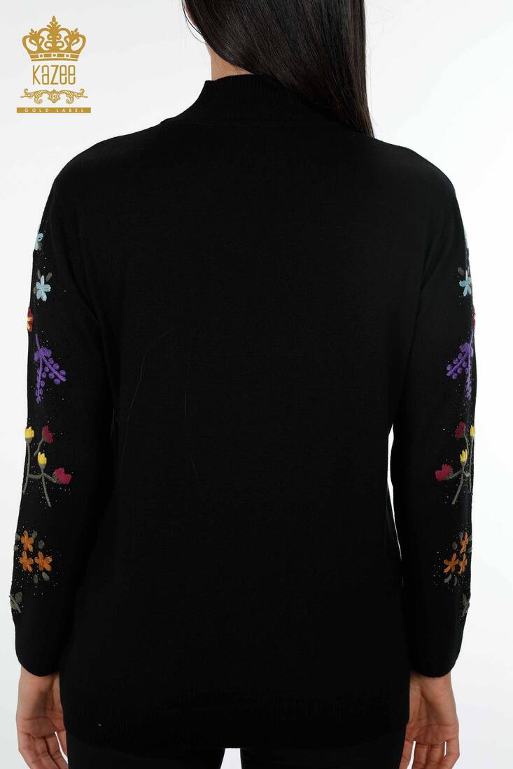 Women's Knitwear Black With Flower Embroidery - 16445 | KAZEE